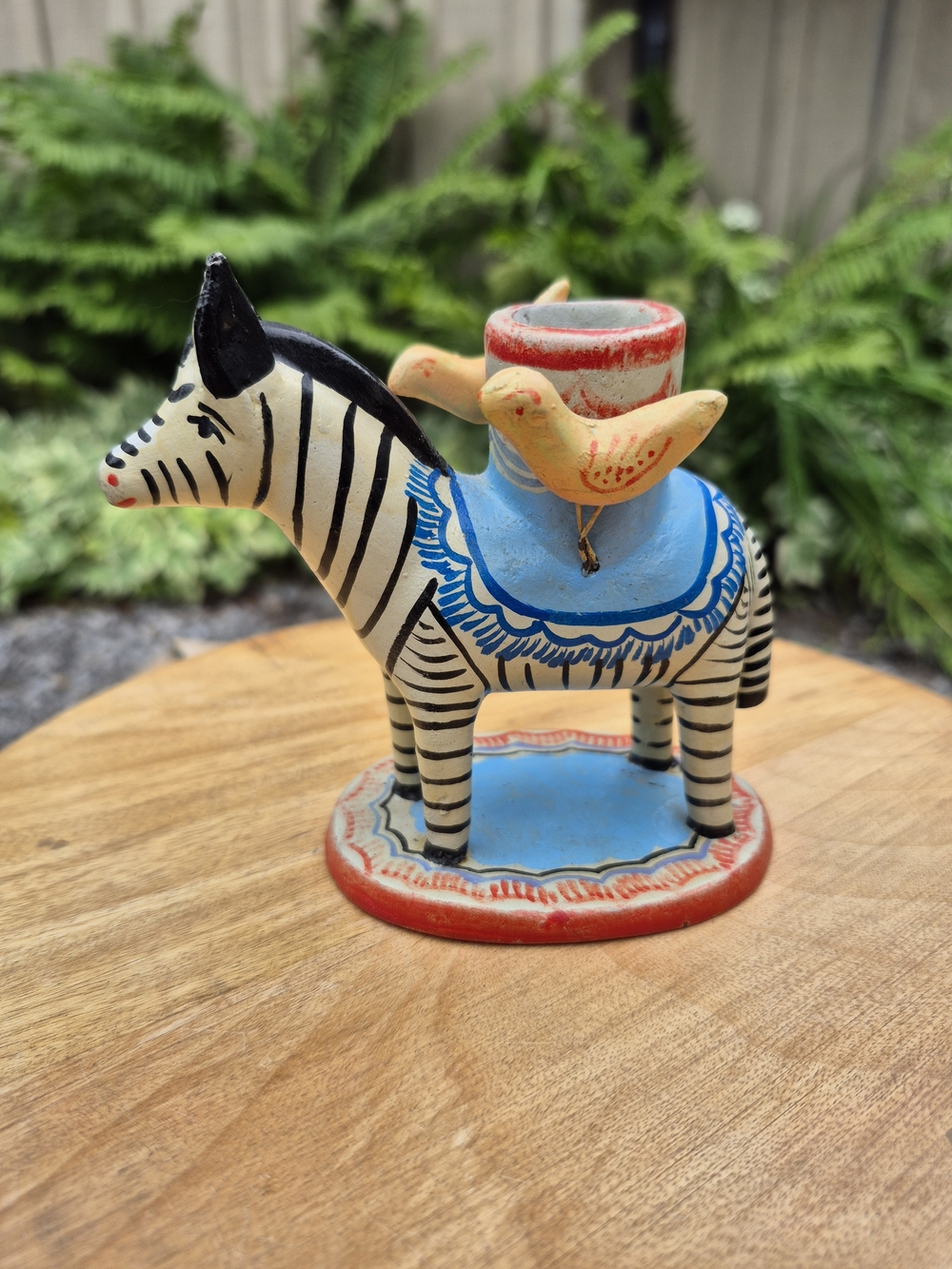 Rare Mint 4" Vintage Mexican Folk Art Pottery Zebra Candle Holder with Birds